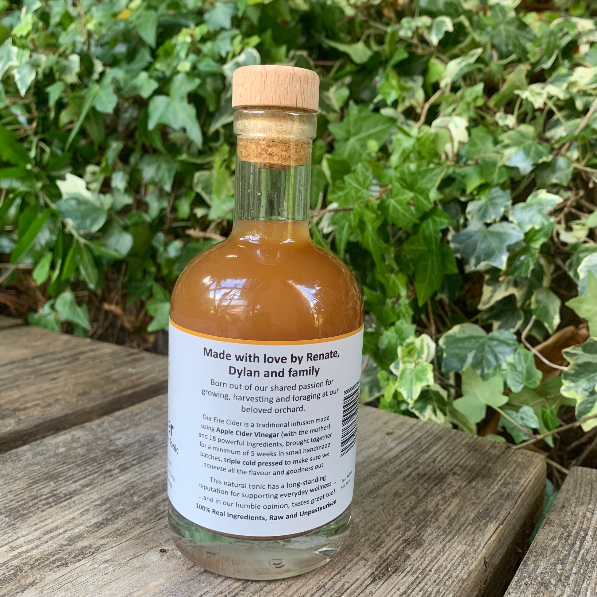 Angled view of Bee Sweet Fire Cider bottle – artisan health tonic made with raw honey and spices, photographed in natural garden setting with ivy backdrop
