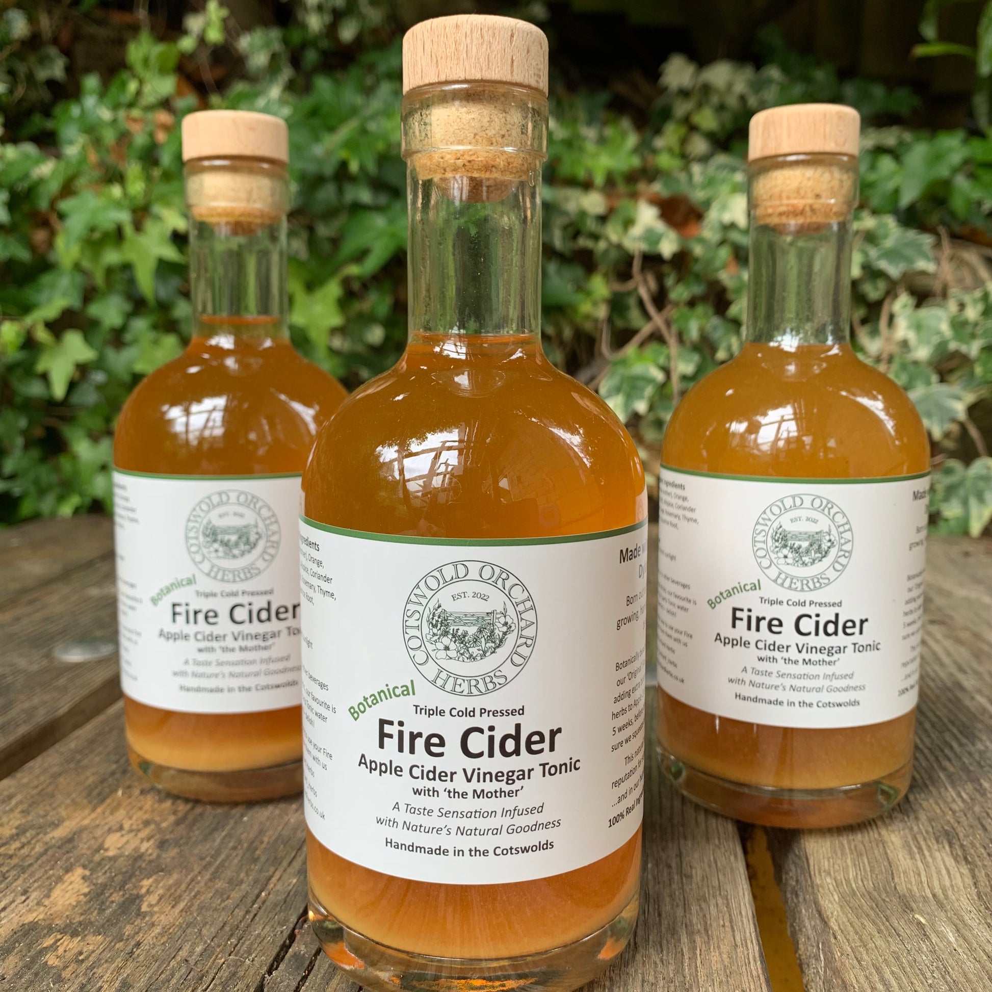Three bottles of Botanical Fire Cider on a wooden surface with a natural background