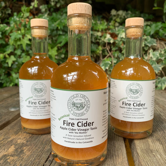 Three bottles of Botanical Fire Cider on a wooden surface with a natural background