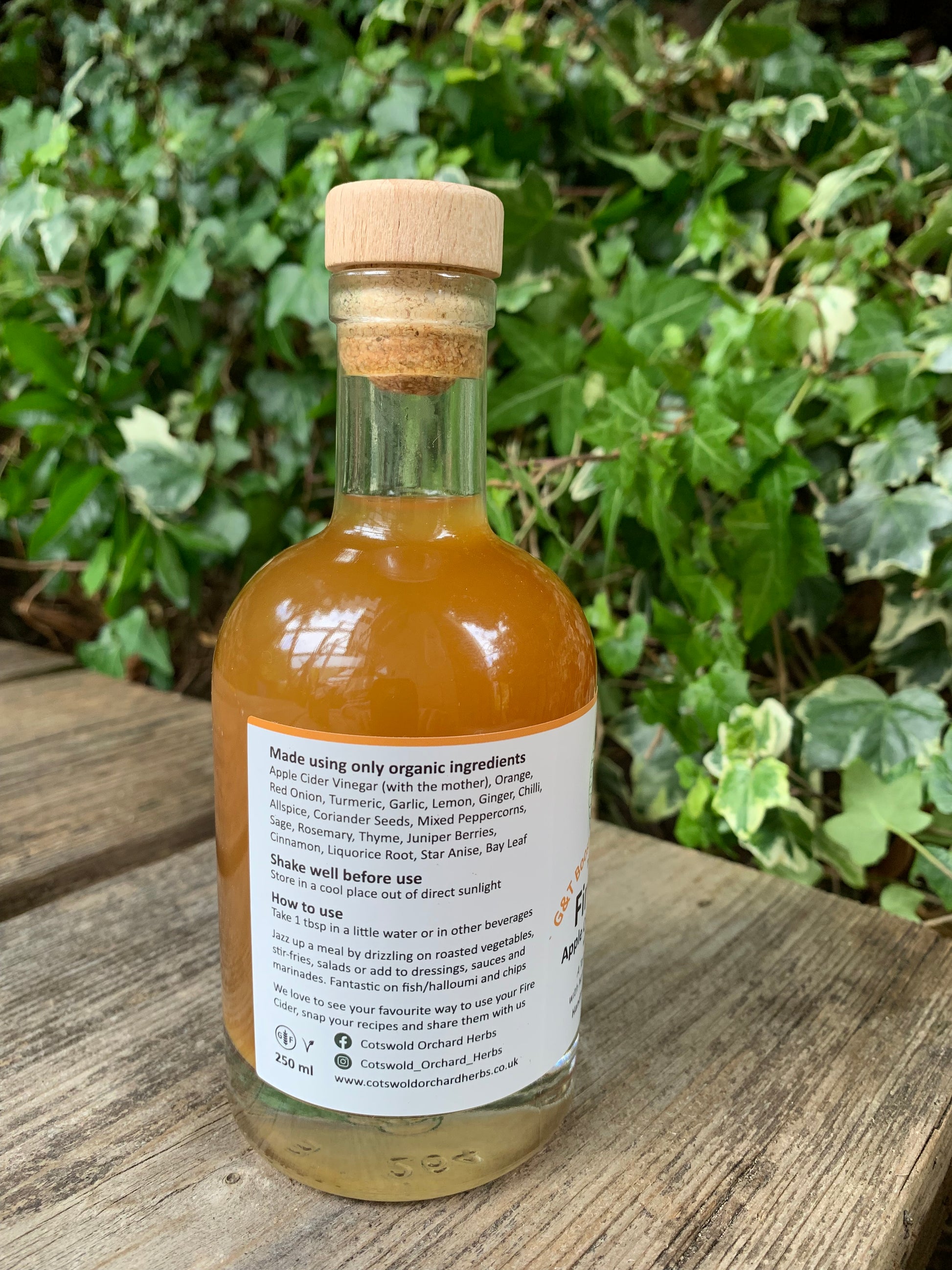 Side label of G&T Boost Fire Cider 250ml – showing list of organic ingredients, how to use instructions, and brand website, bottle placed outdoors with ivy-covered backdrop