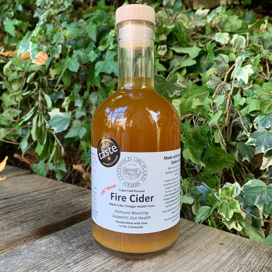 500ml bottle of G&T Boost Fire Cider by Cotswold Orchard Herbs – apple cider vinegar health tonic with Great Taste award badge, photographed on wooden surface with ivy-covered garden backdrop