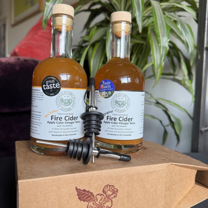 Two bottles of Fire Cider on a cardboard box with a plant in the background
